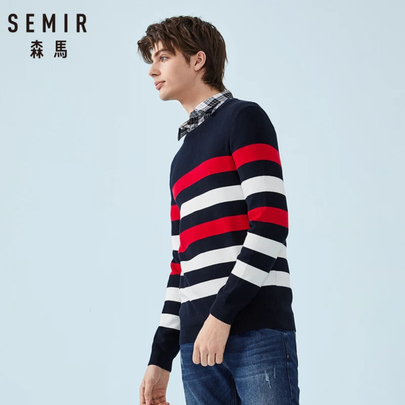 سمير الرجال مخطط غرامة متماسكة سترة عارضة مسقطة الكتف سحب الإفراط سترة مع مضلع Crewneck صفعة و تنحنح الربيع الخريف