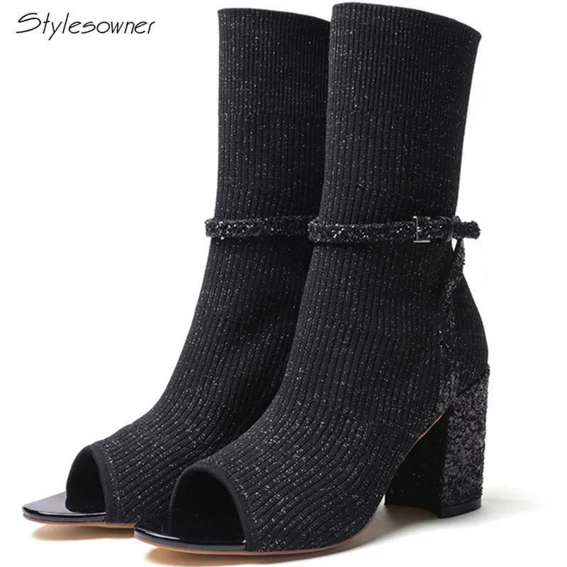 

Stylesowner New Arrival Women Slip On Elastic Woolen Knit Mid Calf Boots Peep Toe Breathable High Square Heels Sexy Sock Boots
