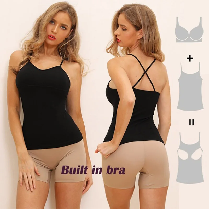 

Cami Tank Tops For Women Adjustable Strap Camisole with Built in Padded Bra Vest Shelf Bra Casual Camisole Sleeveless Top