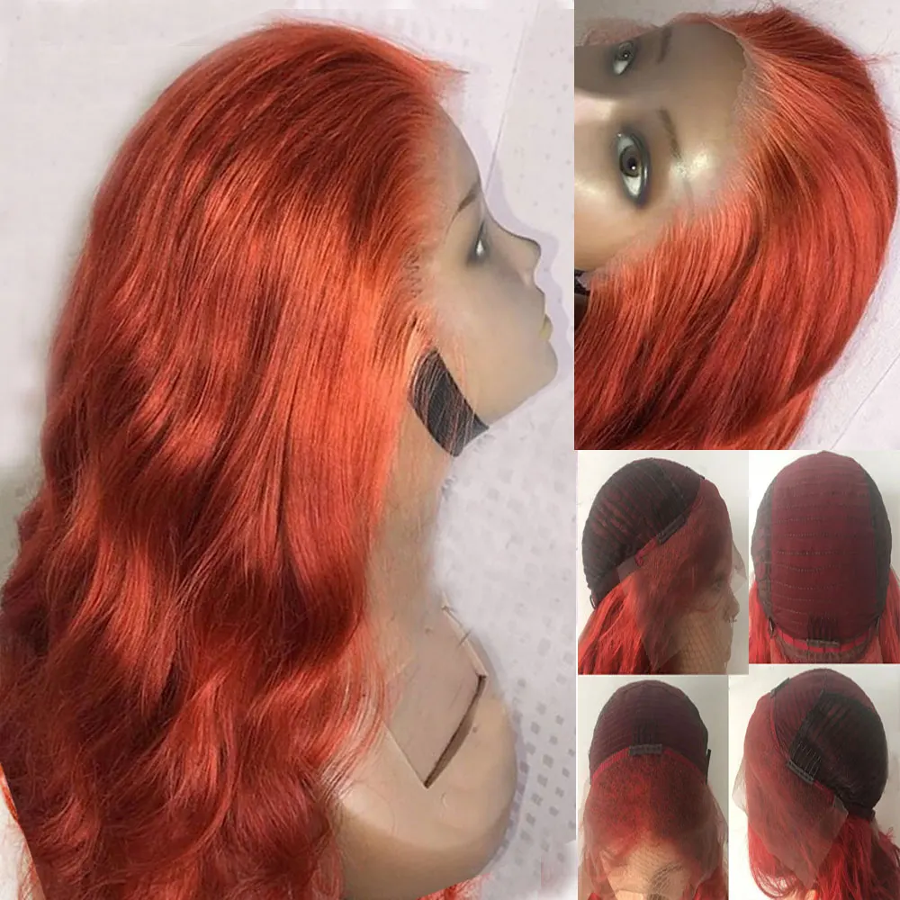 Orange Colored Preplucked Lace Front Human Hair Wigs Body Wave For