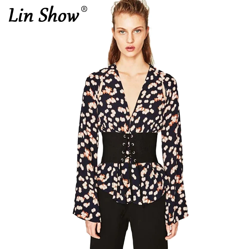 LINSHOW Flowers V Neck Shirt Vintage Women Blouses Chiffon Women Tops