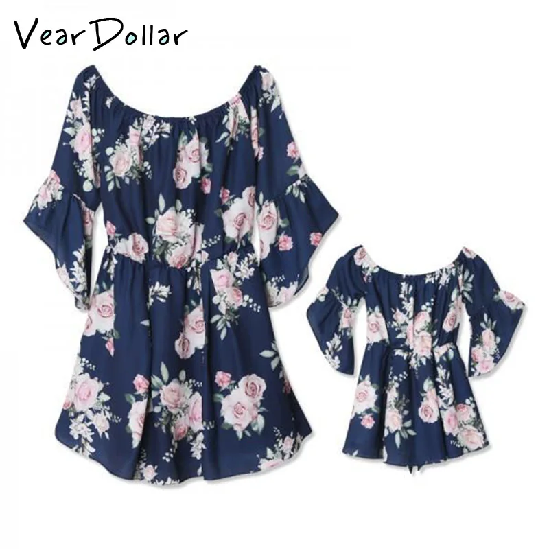 

VearDoller Family Matching Outfits Fashion Off Shoulder Ruffles Mommy and Me Clothes Flower Dress Mom and Daughter Dress