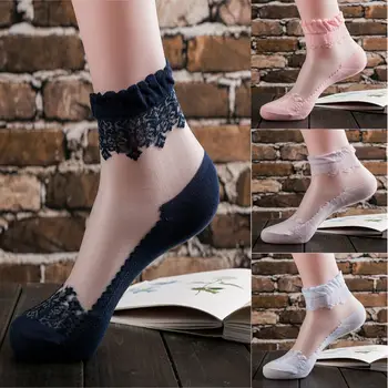 

1 Pair Fashion Women Girls Summer Socks Ultra Thin Elastic Silk Lace Flower Short Stockings Ankle Low Cut Socks 8 colors
