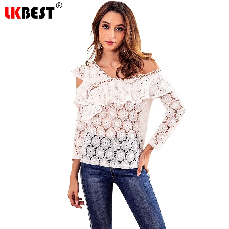 

LKBEST 2019 T shirt Women Long Sleeve t-shirt Slash neck lace stitching sexy tops solid openwork tops Ruffles t - shirt
