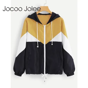 

Jocoo Jolee Women Basic Jackets Female Zipper Pockets Casual Long Sleeves Coats Autumn Hooded Jacket Two Tone Windbreaker Jacket