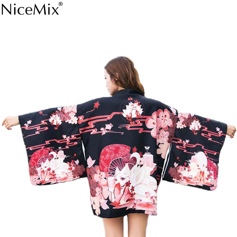 NiceMix женский японский стиль фантазия лиса принт кимоно рукав хаори пальто с поясом Blusas Mujer De Moda Camisas Mujer