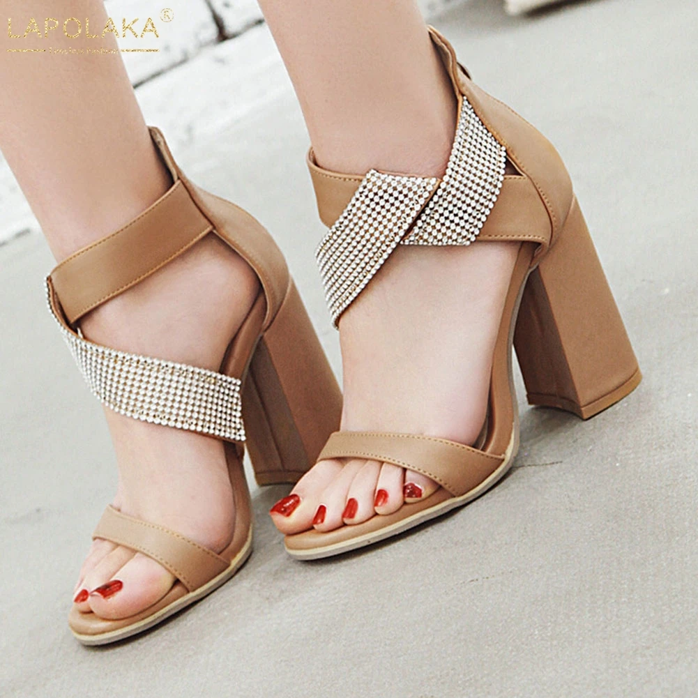 

LAPOLAKA New Ankle Strap Women Shoes Sweet Crystal High Heels Summer Sandals big Size 34-43 Shoes Woman