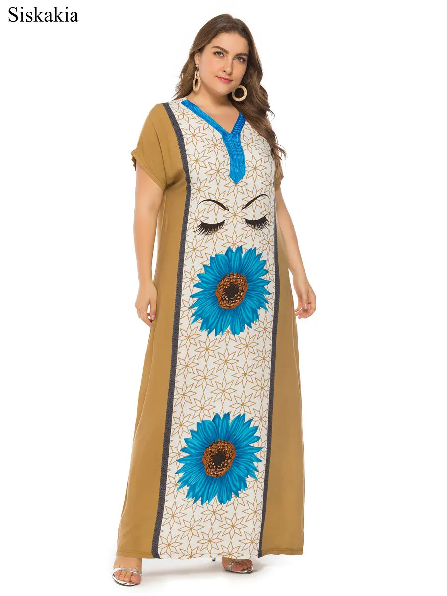 Siskakia Retro Maxi Long Dress Women Flower Print Big Size Viscose Fabric Summer Dresses V neck Short Sleeve Size XXL XXXL 2019 (4)