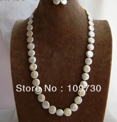 

Jewelry 00460 24'' 14mm White Coin Freshwater Pearl Earring Necklace Set (A0516)