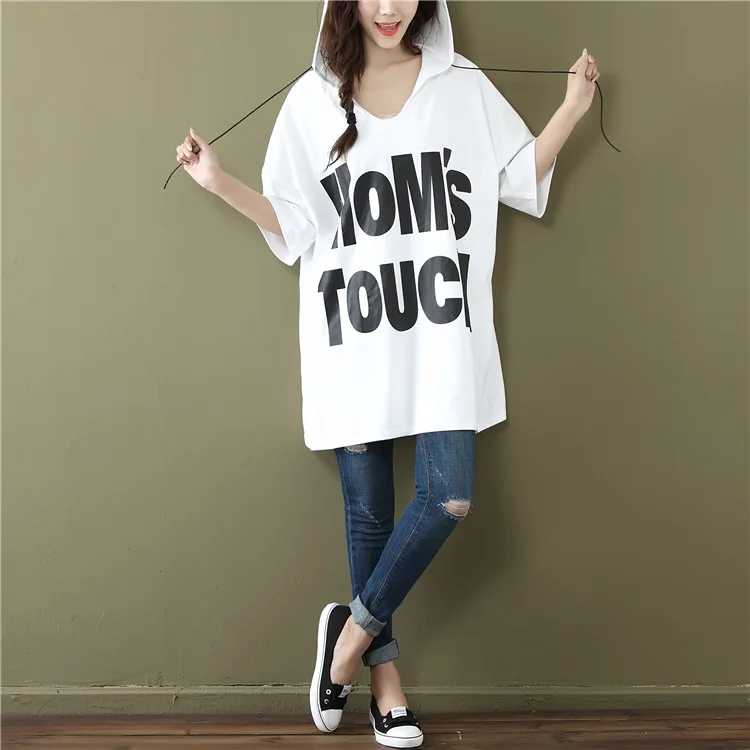 

2019 Summer Plus Size Women Hooded Tee Top Harajuku Style Letter Slogan Long Pattern Short-sleeved T-shirt White T Shirts