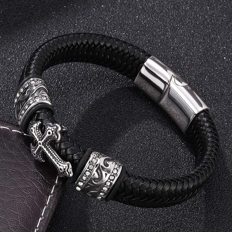 Панк мужские ювелирные изделия браслет черный плетеный кожаный перекрестный браслет с цирконом нержавеющая сталь Магнитная застежка мужской наручный браслет SP0063