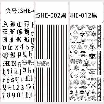 

2 Sheet Black Various Line Arrow Flowers Arabic Latin Alphabet Pattern Adhesive Nail Art Sticker Decorations DIY Tip SHE01-31