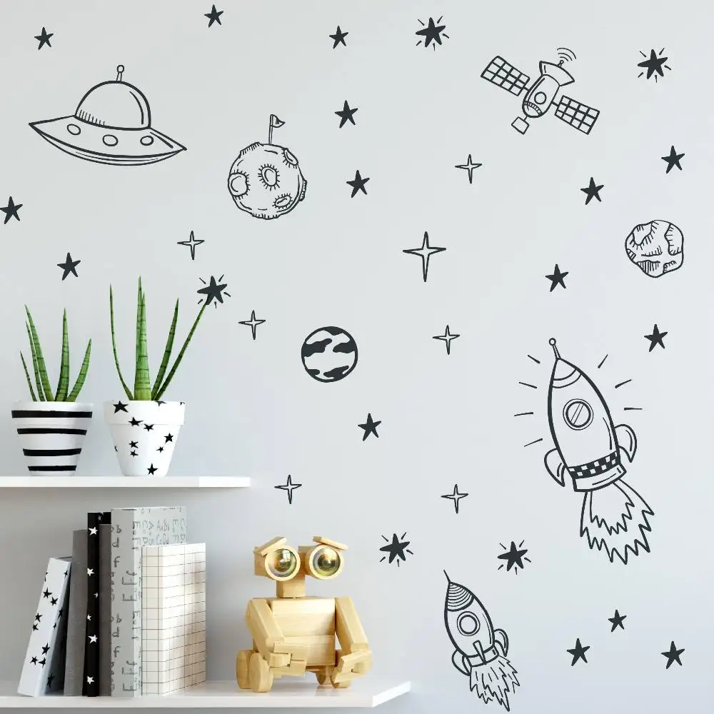 Space Rocket Astronaut Star Wall Sticker Boy Room Kids Room Satellite Space Earth Wall Decal Nursery Bedroom Vinyl Home Decor (3)