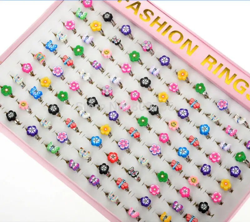 

Wholesale 10pcs Lots Bulk Mixed Flower Shape Children Kids Polymer Clay Finger Ring Hot Sell Charm Jewelry Gift Drop Ship