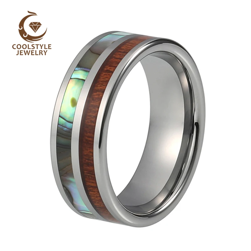 

Nature 8mm Tungsten Wedding band Abalone Shell Koa Wood Inlay For Men Women Comfort Fit