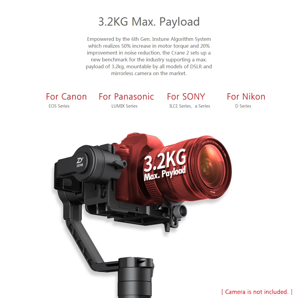 Zhiyun Crane 2 3-осевой портативный монопод с шарнирным замком Камера гироскоп стабилизатор для цифровой зеркальной камеры Canon Nikon Sony, Panasonic LUMIX GH3 GH4 серии DSLR