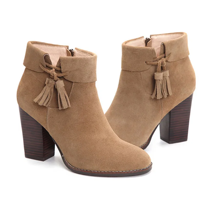 Nouvelle Bottes Isnom 2018 Talons Chaud Femmes Hiver black Bootie Rond En De Automne Chaussures Plush Daim Bois Zipper Plush Gland Bout khaki klhaki Short Vache Haute Noir rBdWoexC