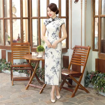 

High Quality Chinese Women Summer Cotton Linen Qipao Cheongsam Handmade Button Printed Long Dress S M L XL XXL XXXLLGDC0046