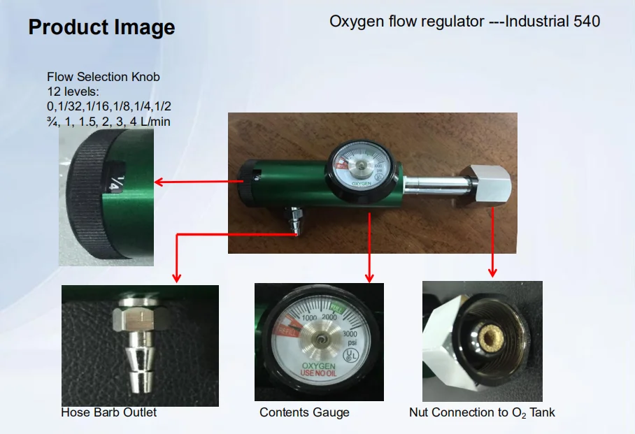 0-4 Lpm Adjustable Oxygen Pressure Flow Regulator for Ozone Therapy Machines CGA540 CGA870 Bullnose