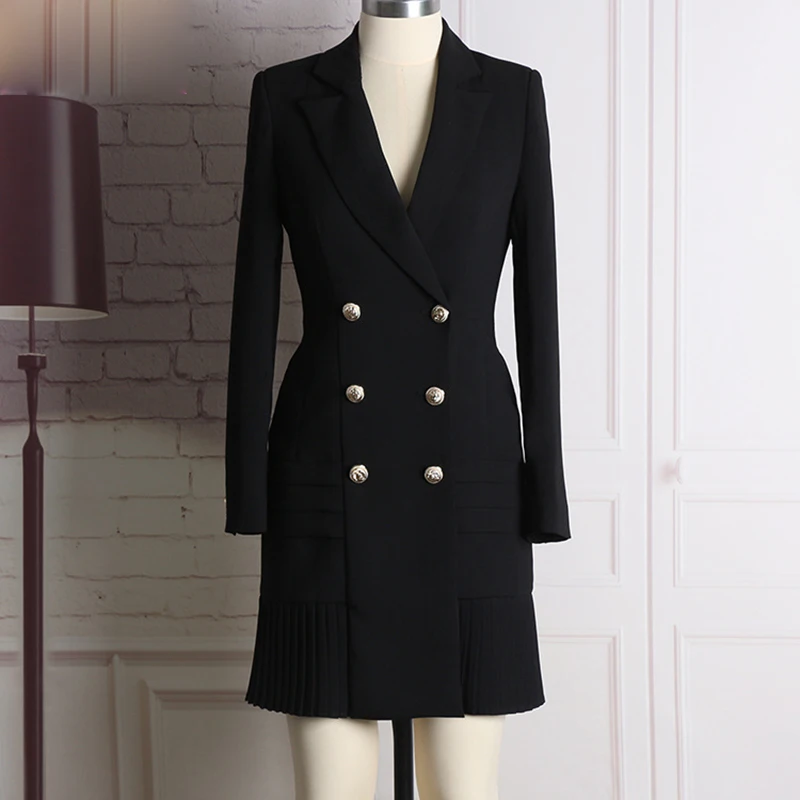 

HIGH QUALITY New Fashion 2019 Runway Designer Dress Women's Long Sleeve Notched Collar Double Breasted Buttons Formal Dress