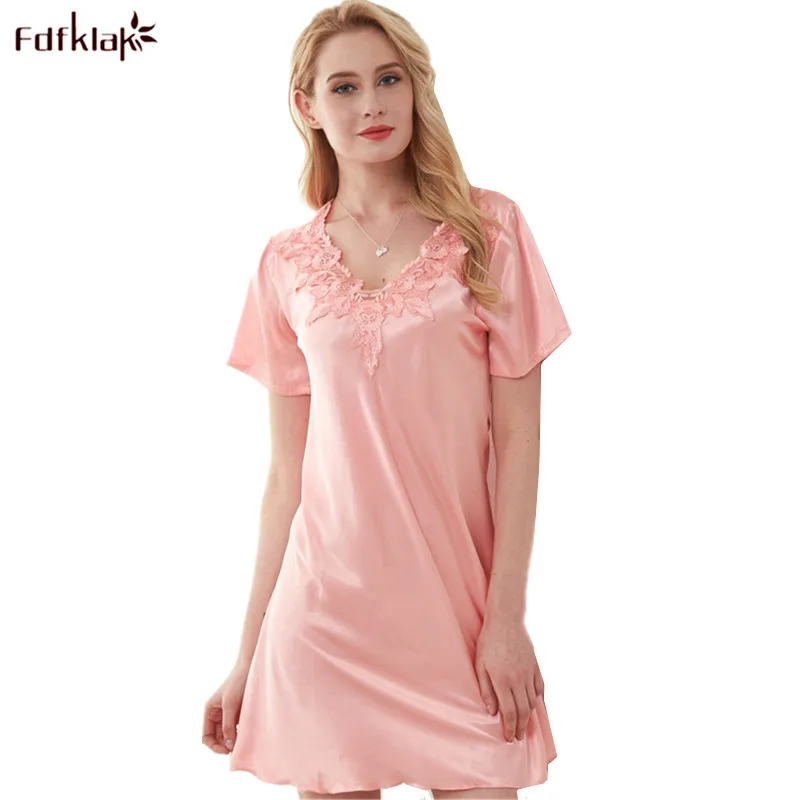 Fdfklak Women Sleepwear Short Sleeve Silk Satin Sleep Dresses Ladies