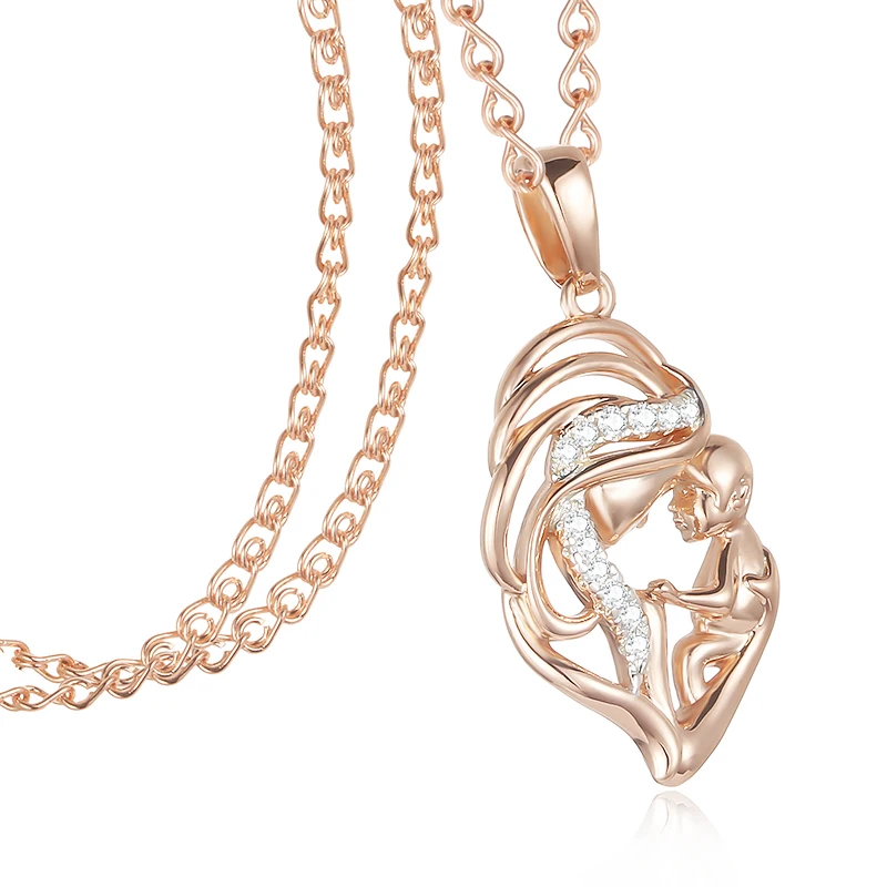 FJ Для женщин Femme 585 розовое золото цвет мать ребенок в форме кубического циркония кулон сердце кулон подарок+ Optioanl ожерелье цепи ювелирные изделия