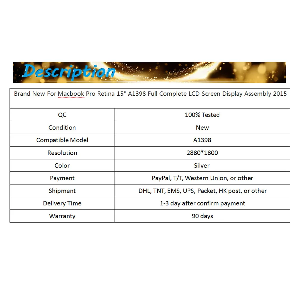 1" полноэкранный A1398 ЖК-дисплей в сборе для Macbook Pro retina display