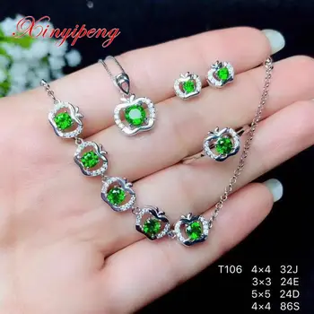 

Xin yi peng 925 silver plated gold inlaid natural diopside stud earrings ring pendant necklace women jewelry set fine