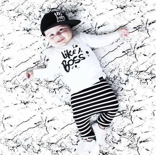 

2019New Fashion Baby Boy Clothing sets White Cotton Long Sleeve T-shirt Pants Baby Boys Clothes 2PCS Infant suit Like A Boss