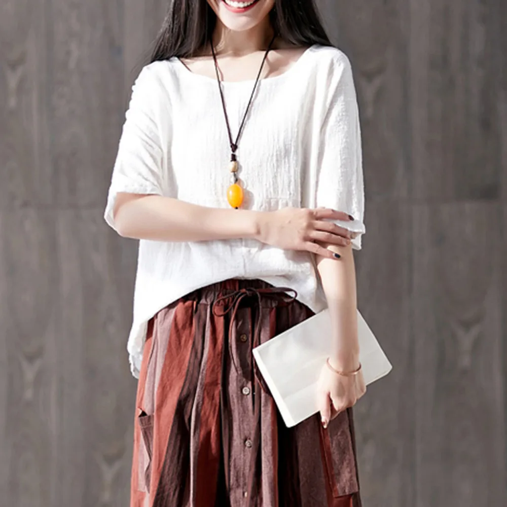 Women Casual Half Sleeve Loose Blouse O Neck Solid Cotton Linen Blouses Office Womens Work Shirts Plus Size Harajuku Blusas 2019 |