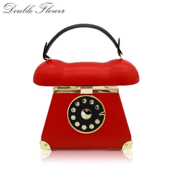 

Vintage Telephone Red PU Women Fashion Metal Hard Handbags Evening Party Dinner Totes Clutch Bag Ladies Shoulder Crossbody Bag