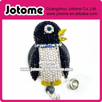 

Black White Penguin Crystal Nurse retractable ID card badge holder
