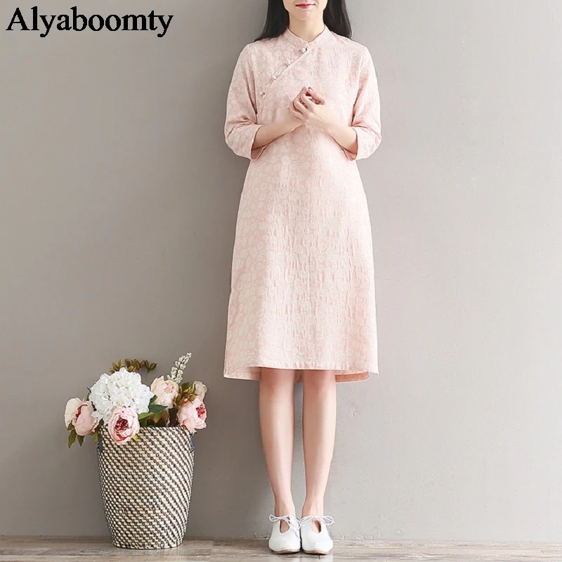 

New Spring Autumn Women Vintage Dress Stand Collar Print Pink Femininos Vestidos Three Quarter Sleeve Cotton Linen Tunic Dress