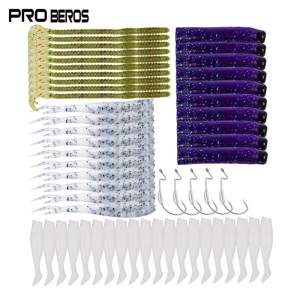 PRO BEROS 55pcs  Set Soft Worm Soft Fishing Lure Set Bass Fishing Bait Fish Hook Minnow Fishing Lure Kit Crankbait