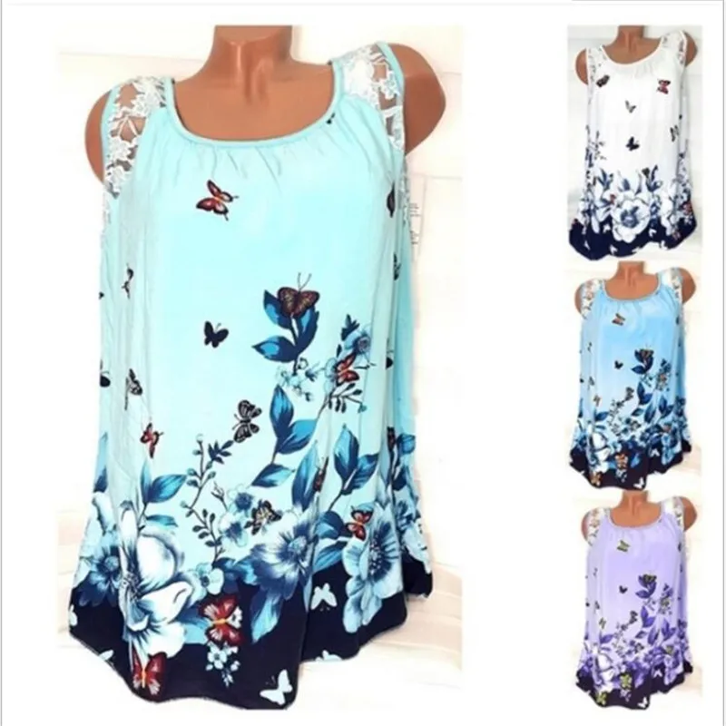 

5XL Plus Size Women T Shirt 2019 Summer Beach Sexy Tops Casual Sleeveless Lace Patchwork Butterfly Print T Shirt Women Loose Top