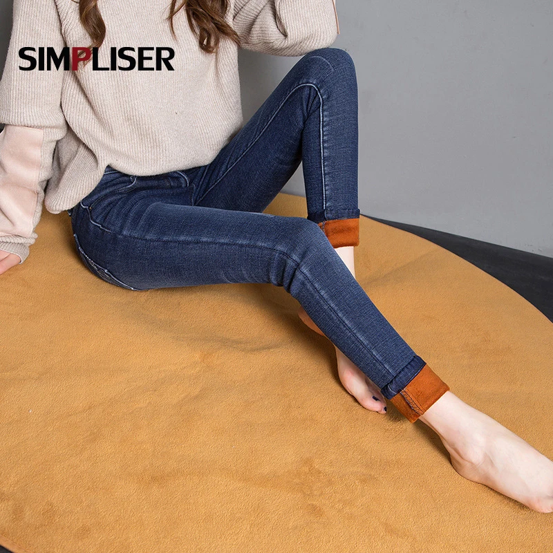 Winter Jeans For Women Warm Fleece Trousers Female Plus Size 34 Skinny Pencil Pants Stretch Jeans Leggings Denim Blue Mom Jeans