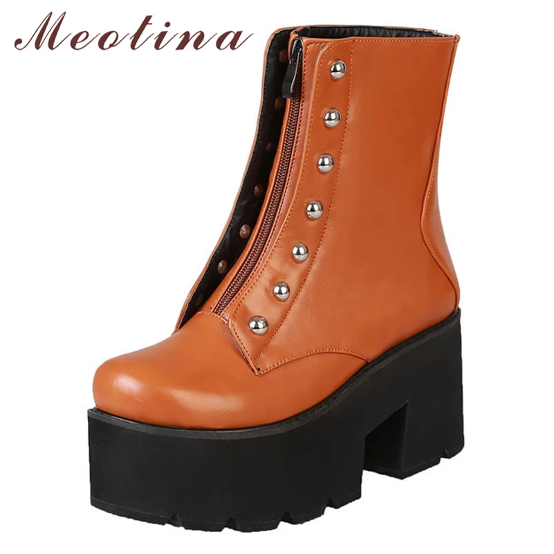 

Meotina Winter Ankle Boots Women Zipper Platform Square Heel Short Boots Rivets Super High Heel Shoes Lady Autumn Plus Size 3-12