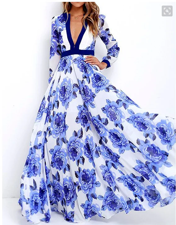 2016 women's new deep V collar printing dress large hem maxi long