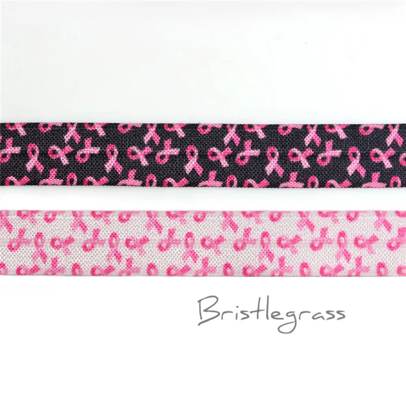

BRISTLEGRASS Wholesale 50 Yard 5/8" 1.5cm Pink Breast Cancer Awareness Print Foldover Elastic Band Hair Tie Headband Sewing Trim