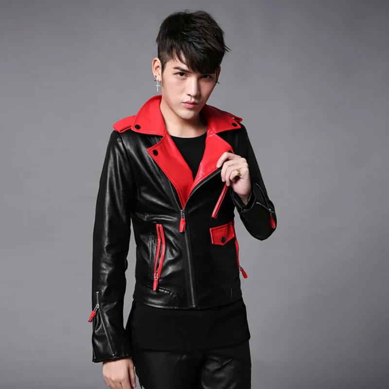 

Men black white patchwork short slim fit leather jacket mens nightclub singer stage costume punk hiphop motorcycle jackets