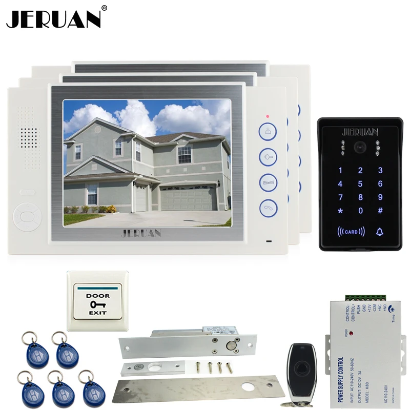 JERUAN 8 inch LCD video doorphone Recording intercom system kit New RFID waterproof Touch Key password keypad Camera 8G SD Card