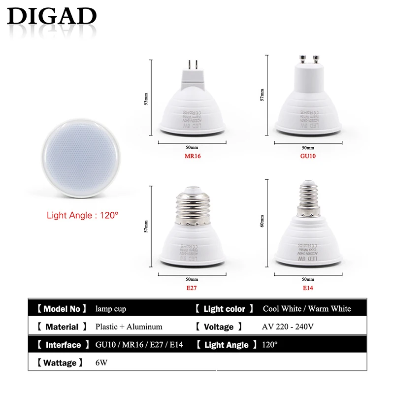 DIGAD E27 E14 MR16 GU5.3 GU10 лампада светодиодный светильник 6 Вт 220 В Bombillas светодиодный светильник Точечный светильник Lampara Точечный светильник светодиодный светильник для дома