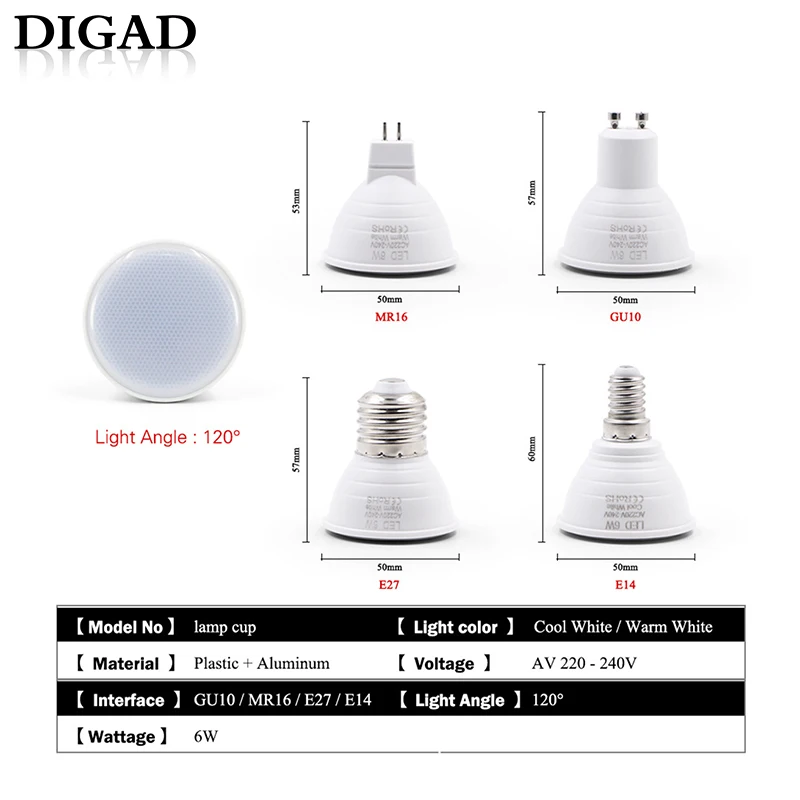 DIGAD E27 E14 MR16 GU5.3 GU10 Lampada LED Bombilla 6 W 220 V Bombillas LED de la lámpara del proyector de lámpara de la luz del punto bombilla led luces para el hogar