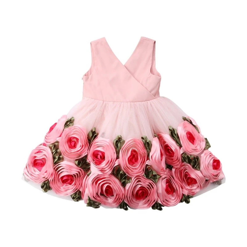 Лидер продаж, платье с цветочным узором для девочек вечерние платья с объемными розами детское бальное платье принцессы с v-образным вырезом и бантом на спине, фатиновые платья-пачки, сарафан, От 2 до 8 лет