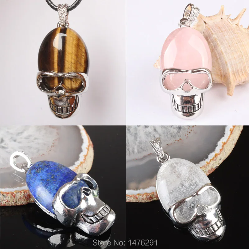 

21X37MM Oval Lapis Quartz Tiger's Eye Clear Crystal Inlaid Alloy Skull Pendant 1 PCS
