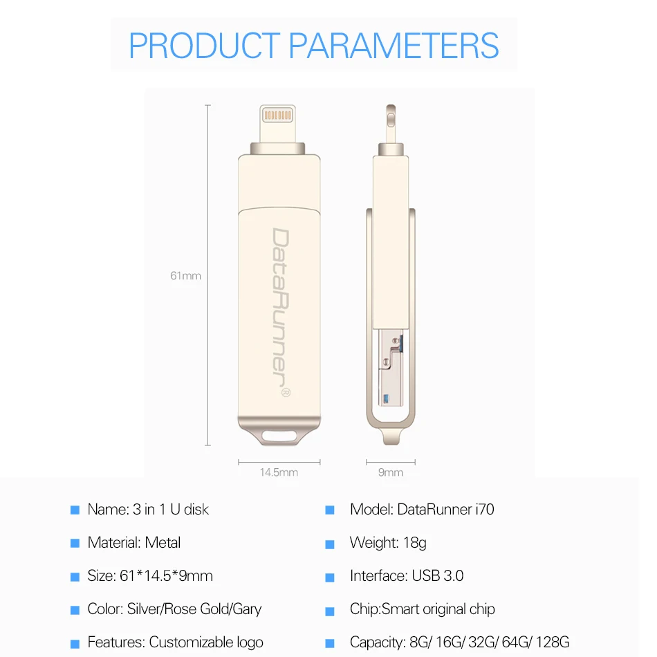 Новый usb накопитель DataRunner портативный флэш для iPhone XS MAX/X/8 Plus 3 в 1 Micro внешний