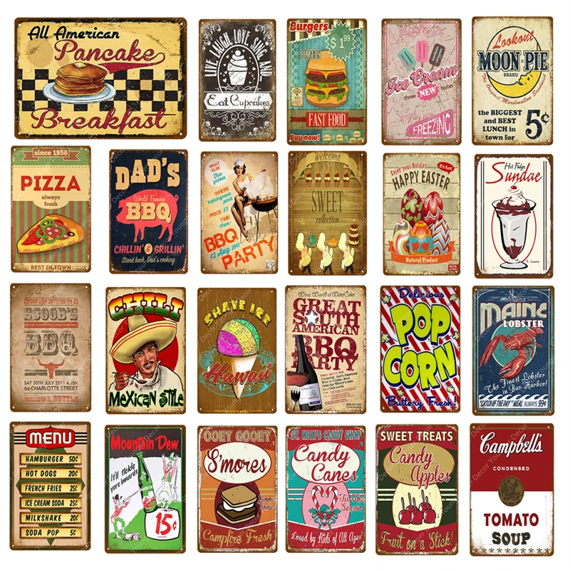 

BBQ Party Burgers Pizza Vintage Plate Pub Bar Home Decor Hawaii Ice Cream Metal Signs Delicious Foods Breakfast Metal Poster