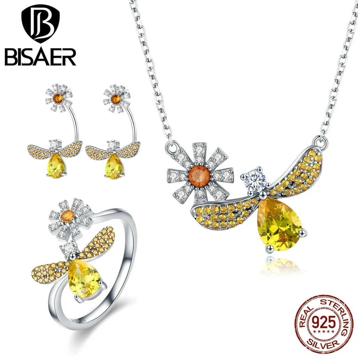 BISAER 925 пробы серебро желтый CZ Кристалл пчелы и цветок серьги кольцо цепочки ожерелья Ювелирные наборы себе для женщин Подарки GUS068