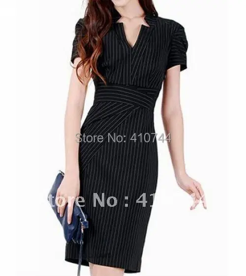 women OL dress black Short Sleeve dresses womens V neck work dress UK