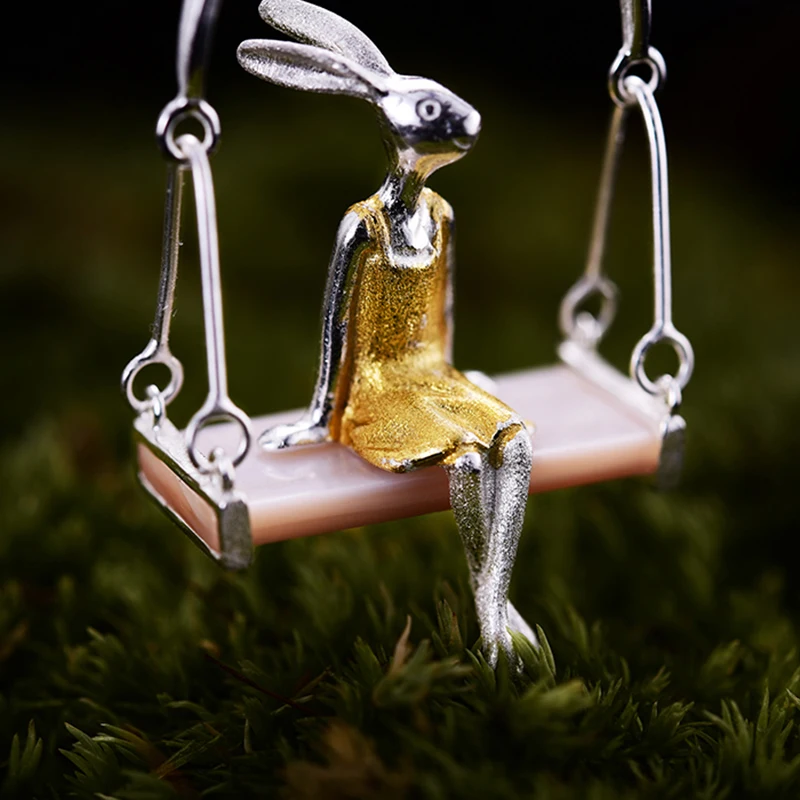 Lotus Fun Real 925 Sterling Silver Natural Mother of Pearl Handmade Fine Jewelry Miss Rabbit Pendant without Chain Acessorios